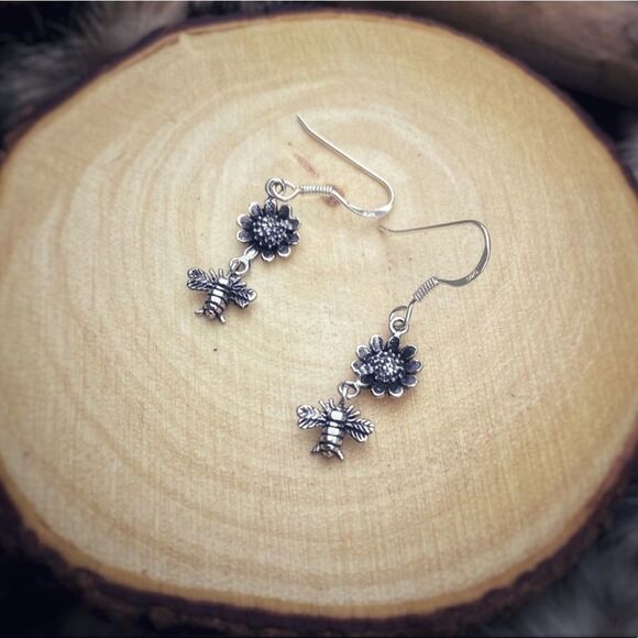 Sterling Silver Bumblebee Sunflower Earrings - Picture 1 of 7
